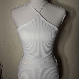 Zara Cream Ribbed Halter Dress with Cutout